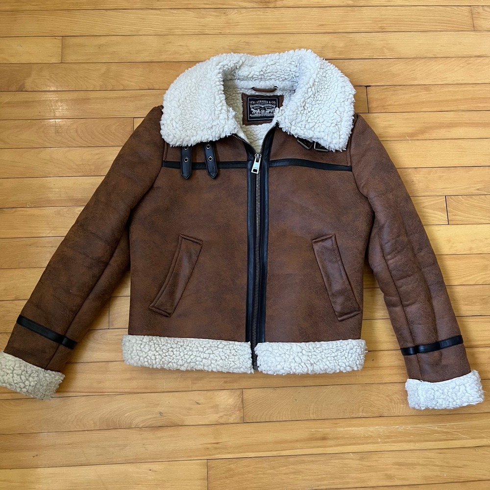 Levi Strauss & Co Brown Faux Leather Shearling Aviator Jacket Mens Medium